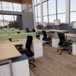 A spacious open office featuring multiple desks and chairs arranged for collaborative work.