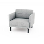 A grey chair with black legs positioned against a clean white background.