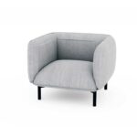 A grey chair with black legs positioned against a clean white background.