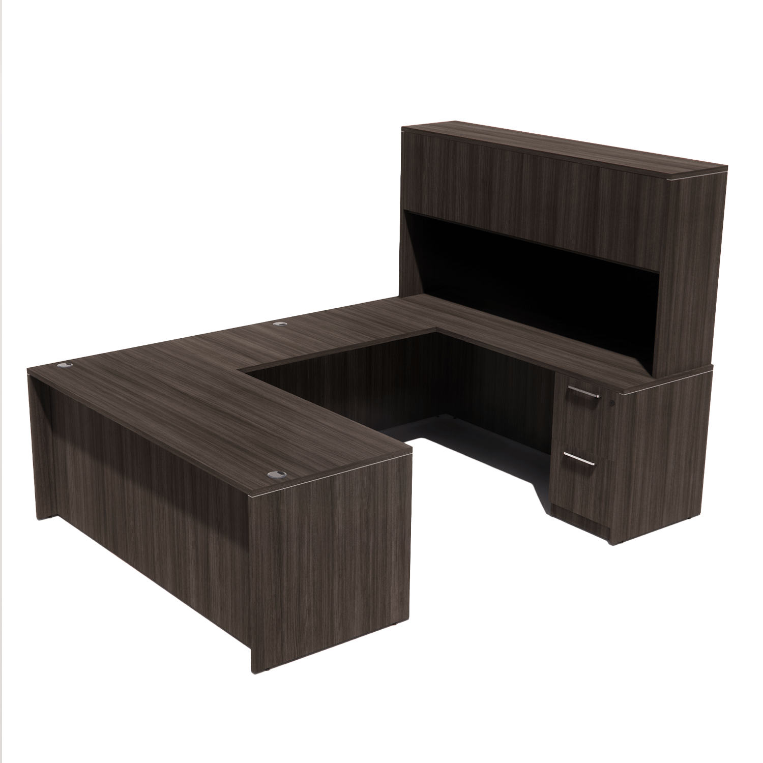 A dark wood L-shaped office desk with a hutch and two closed cabinets. The desk has a modern design and a smooth surface with metallic grommets for cable management.