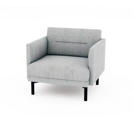 A grey chair with black legs positioned against a clean white background.
