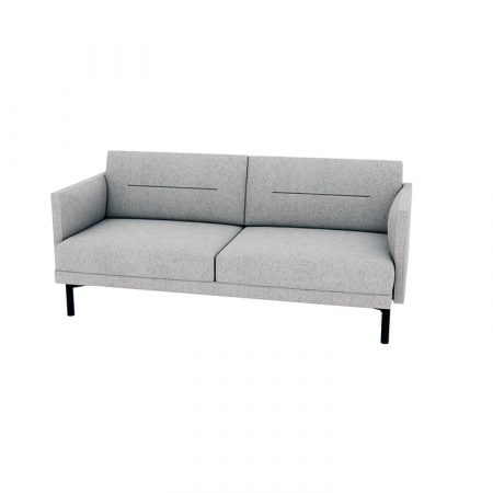 A gray fabric couch with sleek black legs, offering a modern and stylish addition to any living space.