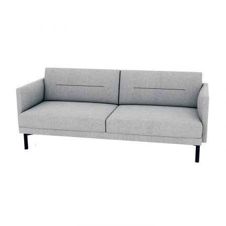 A gray fabric couch with sleek black legs, offering a modern and stylish addition to any living space.