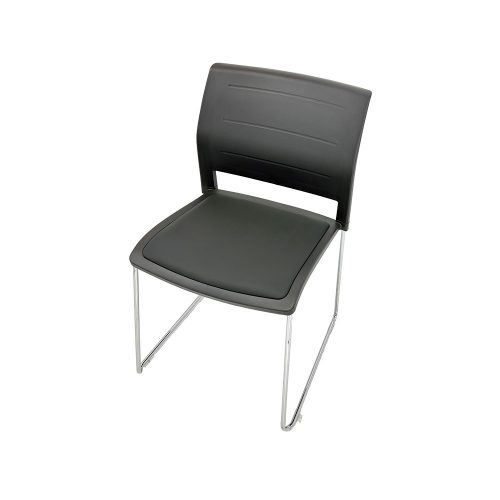 A black plastic chair featuring sleek chrome legs, showcasing a modern and minimalist design.