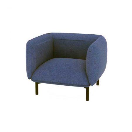 A blue chair featuring black legs and a blue upholstered seat, designed for comfort and style.