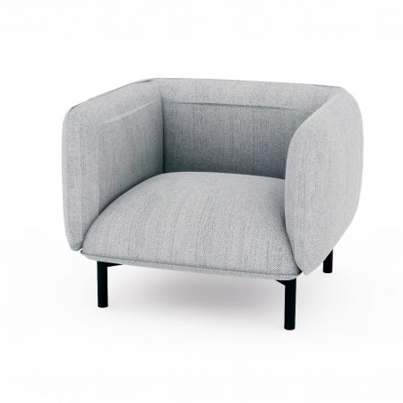 A grey chair with black legs positioned against a clean white background.