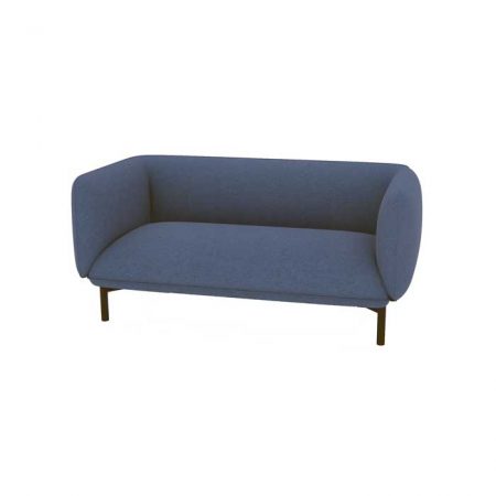 A blue couch featuring a wooden frame and arms, elegantly designed for comfort and style in any living space.