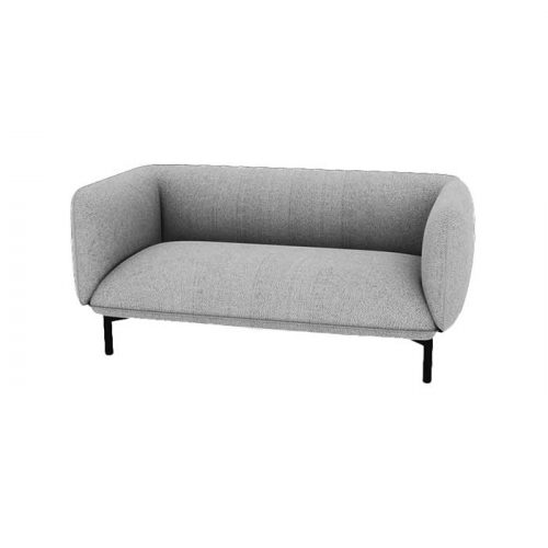 A grey couch with black legs set against a clean white background, showcasing a modern and minimalist design.