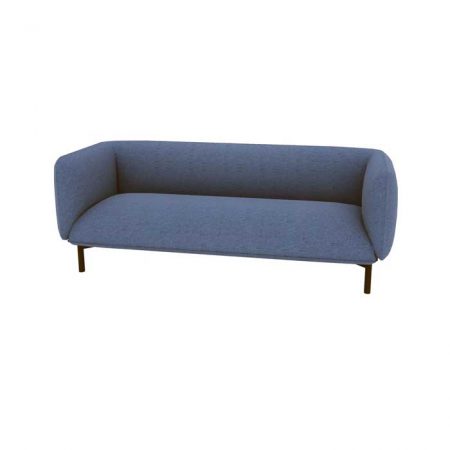 A blue fabric couch with sleek black legs, offering a modern and stylish addition to any living space.