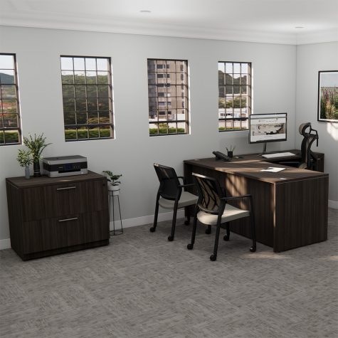 A well-organized home office featuring a desk, chair, and a window allowing natural light to illuminate the space.