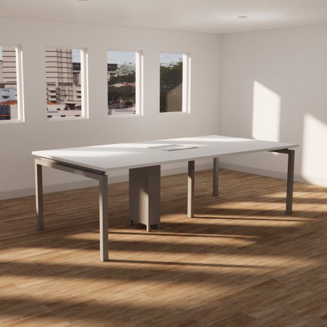 A white conference table positioned in a vacant room with plain walls and no furniture or decorations.
