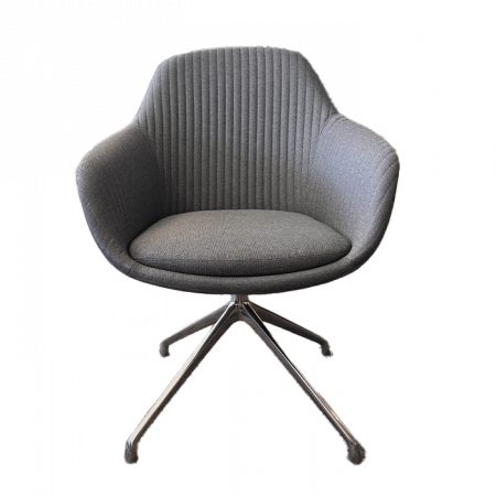 A modern, gray upholstered chair with a curved back and armrests. The seat has a soft cushion, and the chair features a four-legged metal base with a swivel design. The backrest has vertical stitching for added texture.