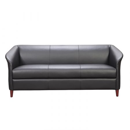 A black leather couch featuring elegant wooden legs, showcasing a modern and sophisticated design.